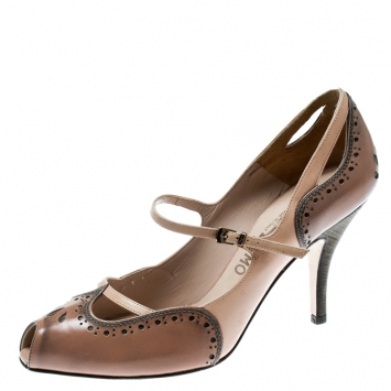 Pre Owned Salvatore Ferragamo Beige Brogue Leather Peep Toe Mary Jane Pumps Size 38.5