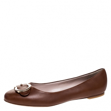 Pre Owned Salvatore Ferragamo Brown Leather Buckle Detail Ballet Flats Size 40