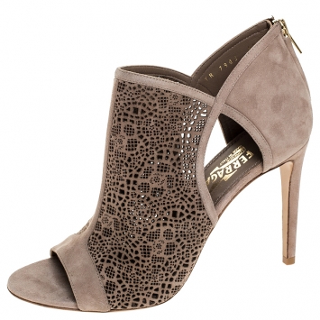 Pre Owned Salvatore Ferragamo Beige Lazer Cut Suede Leather Cut Out Open Toe Booties Size 39