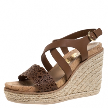 Pre Owned Salvatore Ferragamo Brown Lazer Cut Leather Gioela Wedge Espadrille Platform Ankle Strap Sandals Size 37