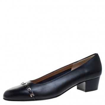 Pre Owned Salvatore Ferragamo Dark Blue Leather Logo Chain Detail Block Heel Pumps Size 37.5