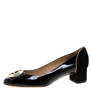 Pre Owned Salvatore Ferragamo Black Patent and Suede Plated Block Heel Pumps Size 40.5