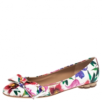 Pre Owned Salvatore Ferragamo White Floral Print Patent Leather Avola Bow Ballet Flats Size 37.5