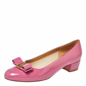 Pre Owned Salvatore Ferragamo Pink Patent Leather Vara Bow Flats Size 37