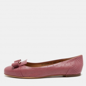 Pre Owned Salvatore Ferragamo Pink Embossed Leather Vara Bow Ballet Flats Size 40