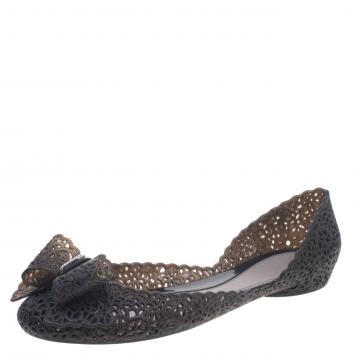 Pre Owned Salvatore Ferragamo Black Cutout Jelly Nilly Bow Ballet Flats Size 40.5