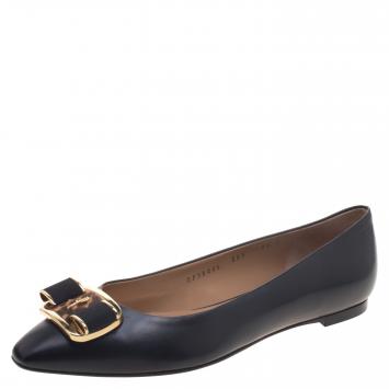 Pre Owned Salvatore Ferragamo Black Leather Lola Ballet Flats Size 40