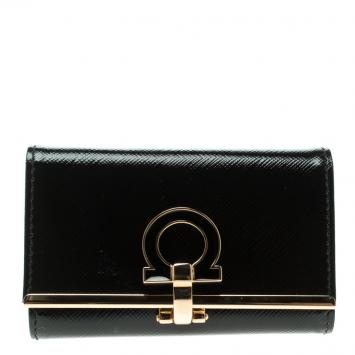 Pre Owned Salvatore Ferragamo Black Patent Leather Gancini 6 Key Holder