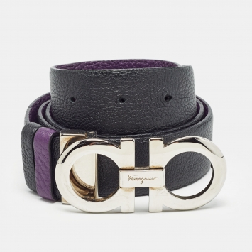 Pre Owned Salvatore Ferragamo Black/Purple Leather Gancini Buckle Reversible Cut to Size Belt