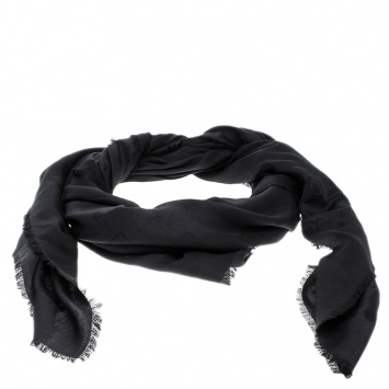 Pre Owned Salvatore Ferragamo Black Logo Pattern Jacquard Silk and Wool Shawl