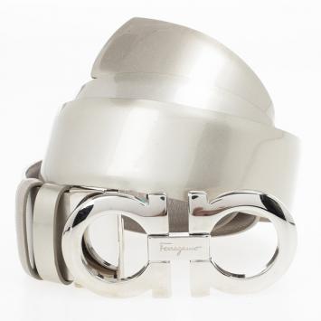 Pre Owned Salvatore Ferragamo Silver Metallic Gancino Bit Belt 73 CM