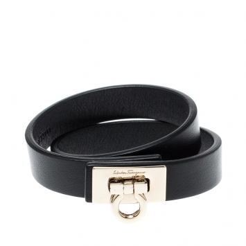 Pre Owned Salvatore Ferragamo Gancini Lock Black Leather Gold Tone Wrap Bracelet