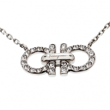 Pre Owned Salvatore Ferragamo Double Gancio Crystal Silver Tone Necklace