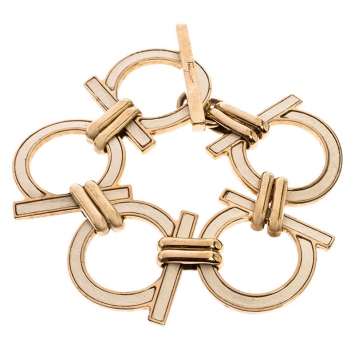 Pre Owned Salvatore Ferragamo Gold Tone/Off White Gancini Link Bracelet