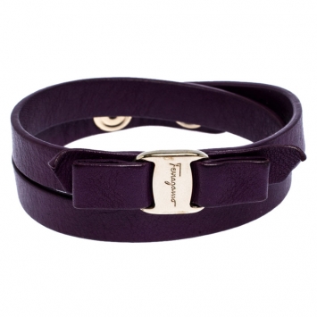 Pre Owned Salvatore Ferragamo Aubergine Leather Vara Bow Double Wrap Bracelet