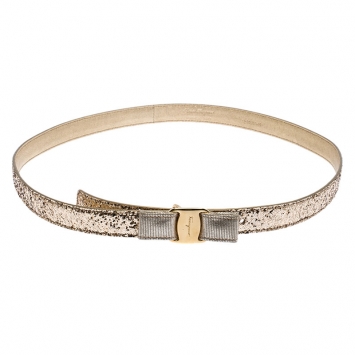 Pre Owned Salvatore Ferragamo Gold Glitter Vara Bow Belt