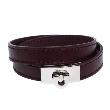 Pre Owned Salvatore Ferragamo Gancini Burgundy Leather Silver Tone Double Wrap Bracelet 