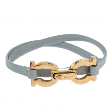 Pre Owned Salvatore Ferragamo Gancini Mint Blue Leather Double Wrap Slim Bracelet