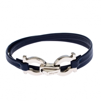 Pre Owned Salvatore Ferragamo Gancini Blue Leather Silver Tone Slim Wrap Bracelet