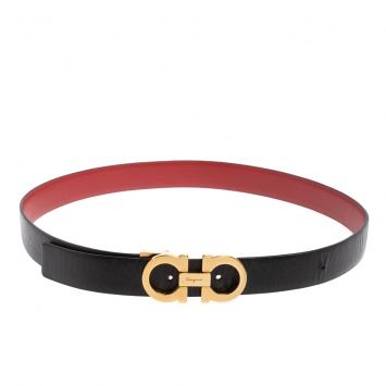 Pre Owned Salvatore Ferragamo Black/Red Leather Reversible Gancini Buckle Belt Size 85CM