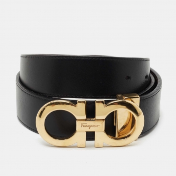 Pre Owned Salvatore Ferragamo Black/Brown Leather Reversible Gancini Buckle Belt Size 90CM