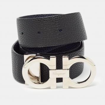 Pre Owned Salvatore Ferragamo Navy Blue/Black Leather Gancini Cut to Size Belt