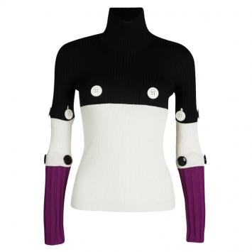 Pre Owned Salvatore Ferragamo Fall'16 Colorblock Button Detail Ribbed Wool Sweater XS