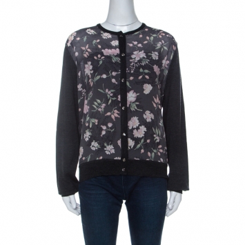 Pre Owned Salvatore Ferragamo Charcoal Grey Knit and Floral Printed Silk Cardigan XL