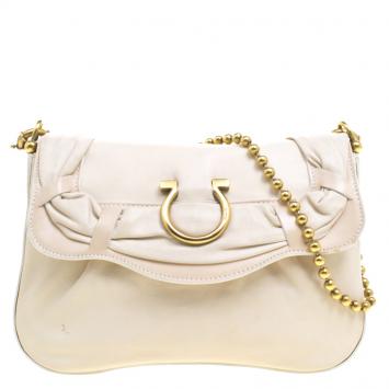 Pre Owned Salvatore Ferragamo Off White Leather Beaded Chain Shoulder Bag