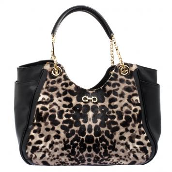 Pre Owned Salvatore Ferragamo Black Leopard Print Calf Hair and Leather Betulla Tote