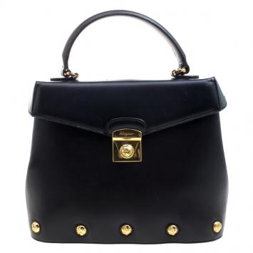 Pre Owned Salvatore Ferragamo Black Leather Vintage Studded Top Handle Bag