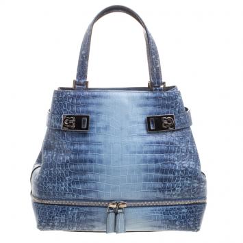 Pre Owned Salvatore Ferragamo Blue Ombre Croc Embossed Leather Tote