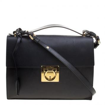 Pre Owned Salvatore Ferragamo Black Leather Gancio Lock Shoulder Bag