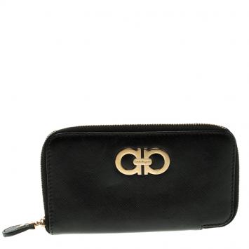 Pre Owned Salvatore Ferragamo Black Leather Double Gancio Zip Around Wallet 