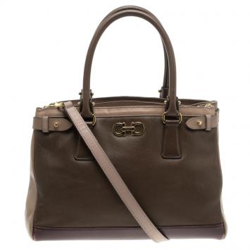 Pre Owned Salvatore Ferragamo Beige/Purple Leather Batik Tote