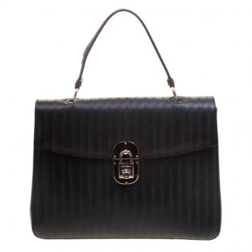 Pre Owned Salvatore Ferragamo Black Embossed Leather Top Handle Bag