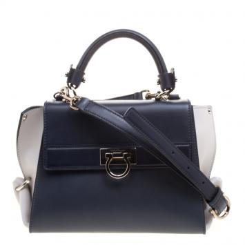 Pre Owned Salvatore Ferragamo Navy Blue/White Leather Sofia Top Handle Bag