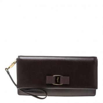 Pre Owned Salvatore Ferragamo Dark Burgundy Leather Miss Vara Bow Clutch
