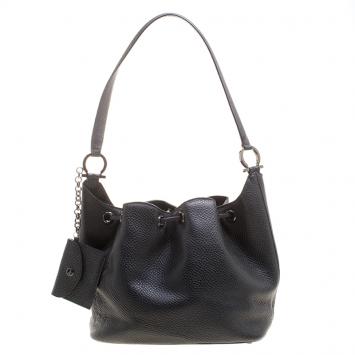 Pre Owned Salvatore Ferragamo Black Pebbled Leather Drawstring Hobo