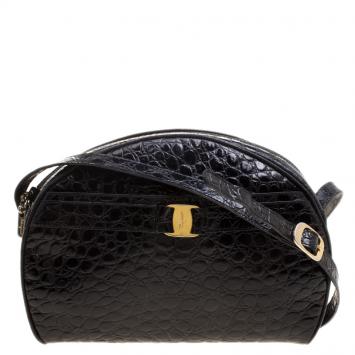Pre Owned Salvatore Ferragamo Black Croc Embossed Leather Crossbody Bag