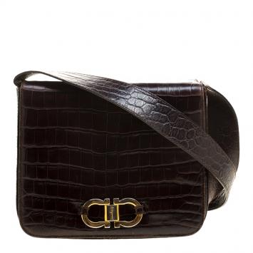 Pre Owned Salvatore Ferragamo Brown Alligator Crossbody Bag
