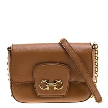 Pre Owned Salvatore Ferragamo Tan Saffiano Leather Paris Crossbody Bag