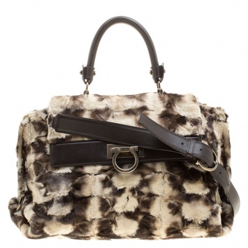 Pre Owned Salvatore Ferragamo Cream/Brown Fur and Leather Medium Sofia Satchel