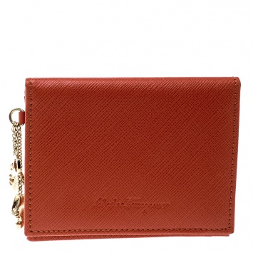Pre Owned Salvatore Ferragamo Orange Leather Card Holder with Charm