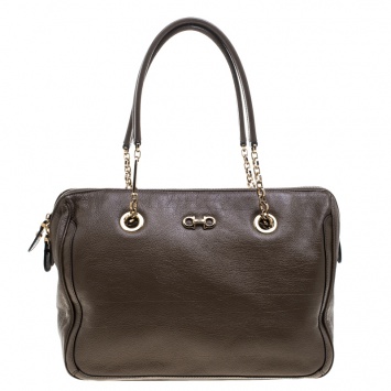 Pre Owned Salvatore Ferragamo Brown Leather Boston Bag