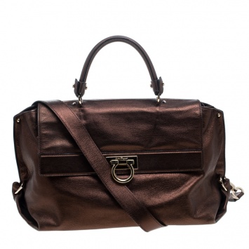 Pre Owned Salvatore Ferragamo Metallic Brown Leather Large Sofia Satchel