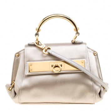 Pre Owned Salvatore Ferragamo Metallic Grey Satin Mini Sofia Crossbody Bag