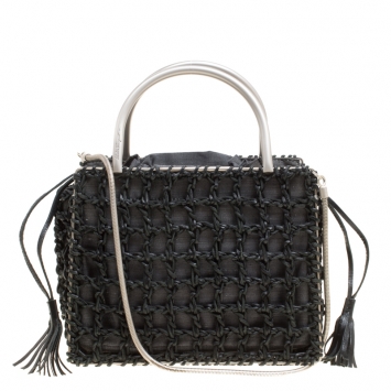 Pre Owned Salvatore Ferragamo Black Woven Leather Top Handle Shoulder Bag