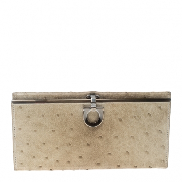Pre Owned Salvatore Ferragamo Khaki Ostrich Gancio Continental Wallet