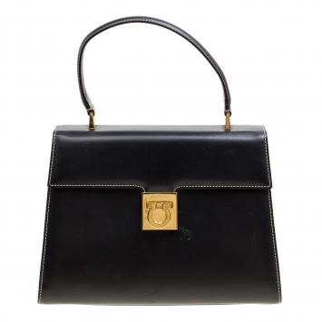 Pre Owned Salvatore Ferragamo Black Leather Gancio Top Handle Bag